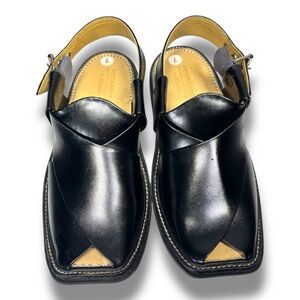 Peshawari Handmade Black Leather Charsaddah Chappal Pakistan Sandal Size 7